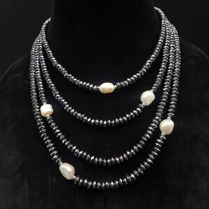 Hematite Cultured Pearl Beaded Necklace 925 FZN CN Sterling Silver